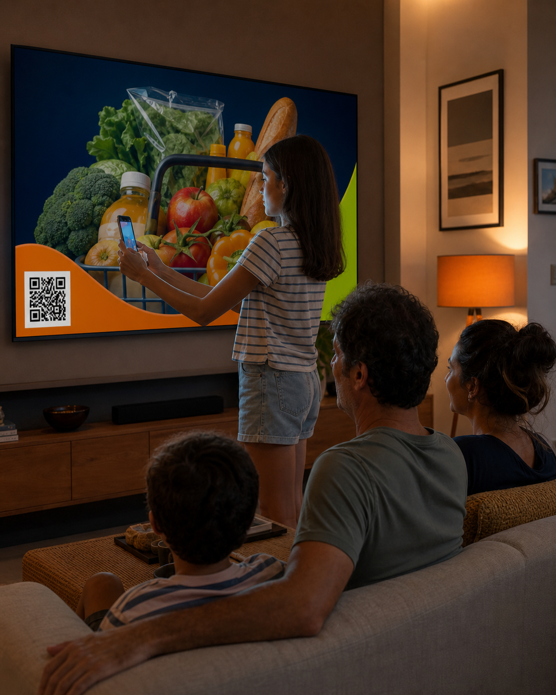 família acompanha uma campanha na televisão enquanto uma pessoa acompanha a mesma campanha pelo celular